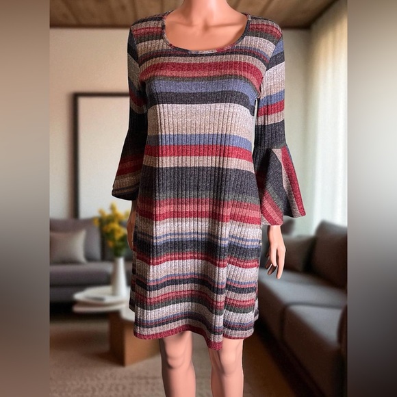 J. Rose Women's Knit Dress. Size 4. Multicolored Stripes. Bell Sleeves. - Picture 2 of 7